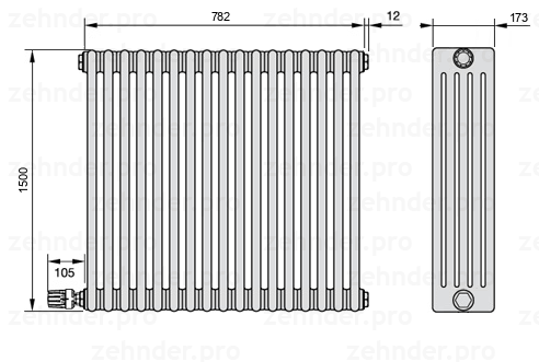 Схема (чертеж) Радиатор Zehnder Charleston 5150/17 №V003 Белый глянцевый RAL 9016